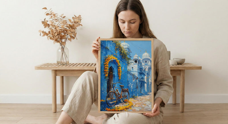 Jodhpur Wall Art, Blue City Print, India Street Decor, Impasto Oil Painting, Vintage Bicycle, Marigold Flower