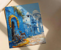 Jodhpur Wall Art, Blue City Print, India Street Decor, Impasto Oil Painting, Vintage Bicycle, Marigold Flower