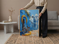 Jodhpur Wall Art, Blue City Print, India Street Decor, Impasto Oil Painting, Vintage Bicycle, Marigold Flower