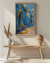 Jodhpur Wall Art, Blue City Print, India Street Decor, Impasto Oil Painting, Vintage Bicycle, Marigold Flower