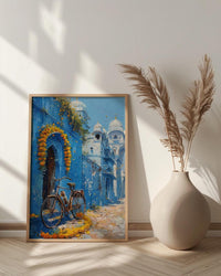 Jodhpur Wall Art, Blue City Print, India Street Decor, Impasto Oil Painting, Vintage Bicycle, Marigold Flower