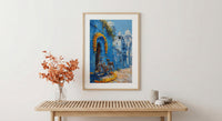 Jodhpur Wall Art, Blue City Print, India Street Decor, Impasto Oil Painting, Vintage Bicycle, Marigold Flower