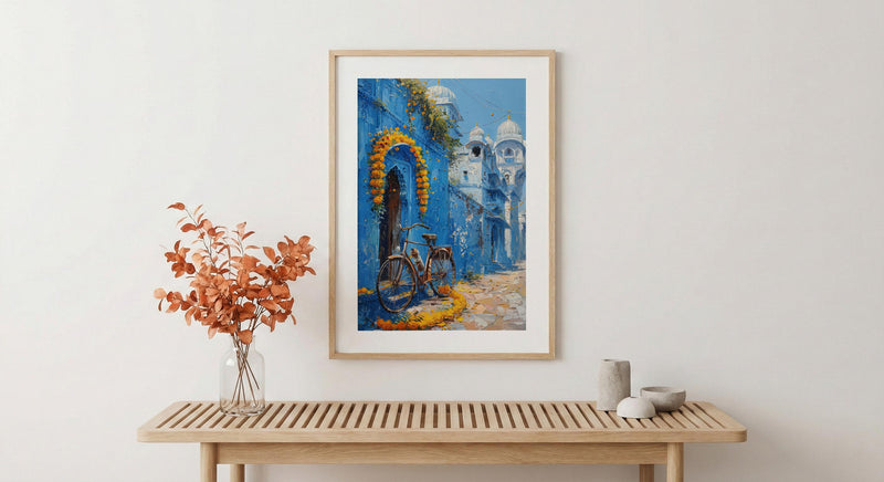 Jodhpur Wall Art, Blue City Print, India Street Decor, Impasto Oil Painting, Vintage Bicycle, Marigold Flower