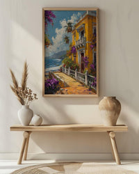 Pondicherry Wall Art, French India Print, Yellow Villa, Impasto Oil Painting, Bougainvillea, Colonial Style