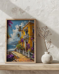 Pondicherry Wall Art, French India Print, Yellow Villa, Impasto Oil Painting, Bougainvillea, Colonial Style
