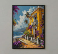 Pondicherry Wall Art, French India Print, Yellow Villa, Impasto Oil Painting, Bougainvillea, Colonial Style
