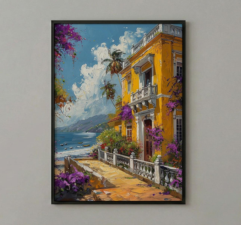 Pondicherry Wall Art, French India Print, Yellow Villa, Impasto Oil Painting, Bougainvillea, Colonial Style