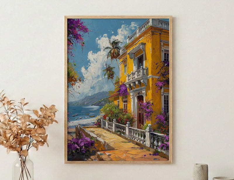Pondicherry Wall Art, French India Print, Yellow Villa, Impasto Oil Painting, Bougainvillea, Colonial Style
