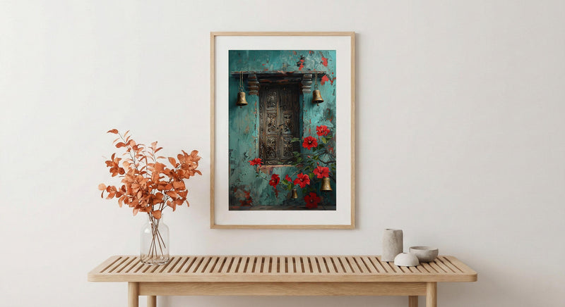Indian Door Art, Antique Wood Print, Teal Wall Decor, Impasto Oil Painting, Brass Bells, Spiritual Home, Boho
