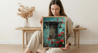 Indian Door Art, Antique Wood Print, Teal Wall Decor, Impasto Oil Painting, Brass Bells, Spiritual Home, Boho