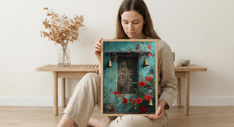 Indian Door Art, Antique Wood Print, Teal Wall Decor, Impasto Oil Painting, Brass Bells, Spiritual Home, Boho