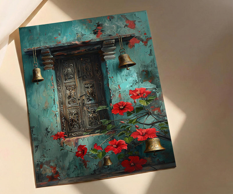 Indian Door Art, Antique Wood Print, Teal Wall Decor, Impasto Oil Painting, Brass Bells, Spiritual Home, Boho
