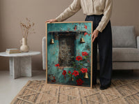Indian Door Art, Antique Wood Print, Teal Wall Decor, Impasto Oil Painting, Brass Bells, Spiritual Home, Boho