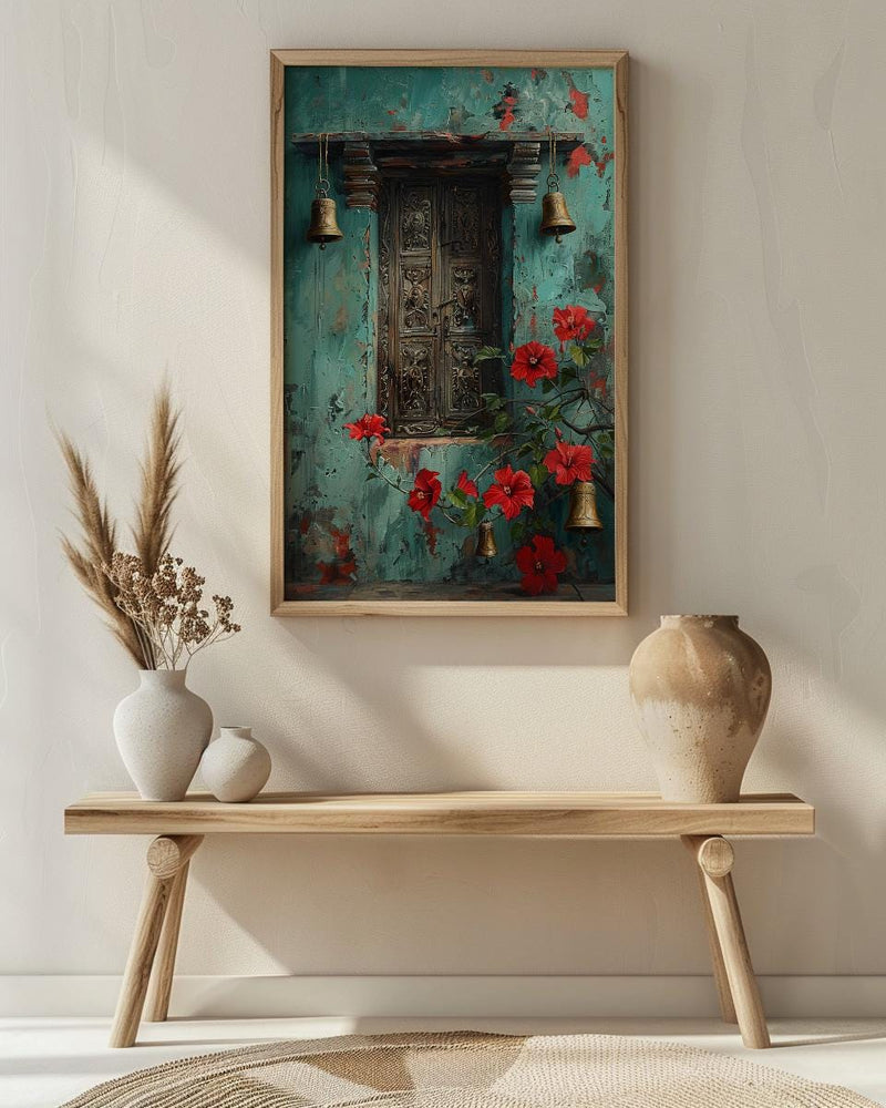 Indian Door Art, Antique Wood Print, Teal Wall Decor, Impasto Oil Painting, Brass Bells, Spiritual Home, Boho