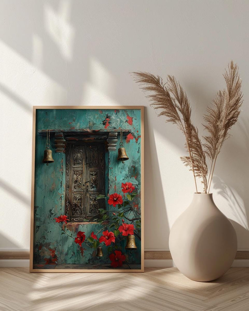 Indian Door Art, Antique Wood Print, Teal Wall Decor, Impasto Oil Painting, Brass Bells, Spiritual Home, Boho