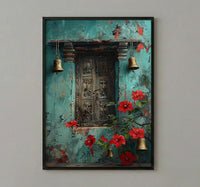 Indian Door Art, Antique Wood Print, Teal Wall Decor, Impasto Oil Painting, Brass Bells, Spiritual Home, Boho