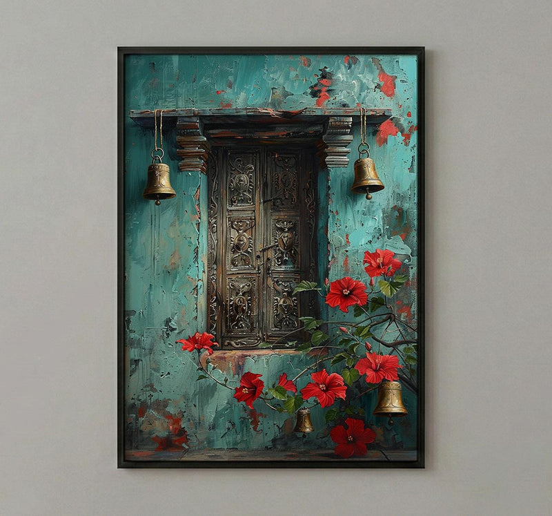 Indian Door Art, Antique Wood Print, Teal Wall Decor, Impasto Oil Painting, Brass Bells, Spiritual Home, Boho