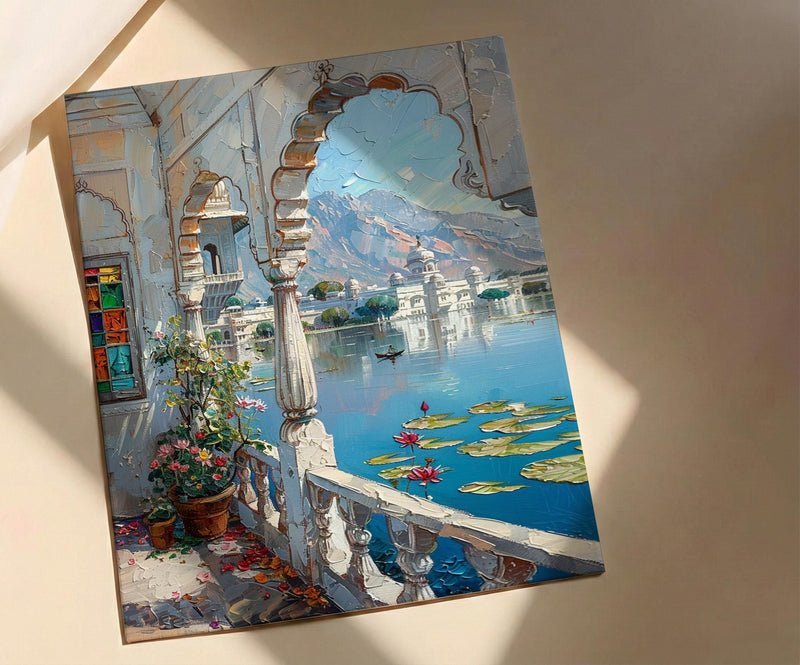 Udaipur Wall Art, Lake Palace Print, Archway Decor, Impasto Oil Painting, Stained Glass, Lotus Flower, Serene