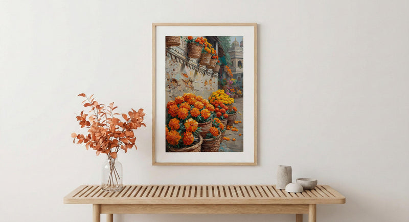India Market Art, Marigold Flower Print, Orange Wall, Impasto Oil Painting, Floral Basket, Vibrant Colors