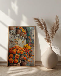 India Market Art, Marigold Flower Print, Orange Wall, Impasto Oil Painting, Floral Basket, Vibrant Colors