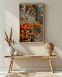 India Market Art, Marigold Flower Print, Orange Wall, Impasto Oil Painting, Floral Basket, Vibrant Colors