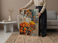 India Market Art, Marigold Flower Print, Orange Wall, Impasto Oil Painting, Floral Basket, Vibrant Colors