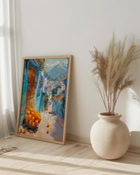 Morocco Wall Art, Chefchaouen Print, Blue City Street, Impasto Oil Painting, Orange Fruit, Boho Travel Decor
