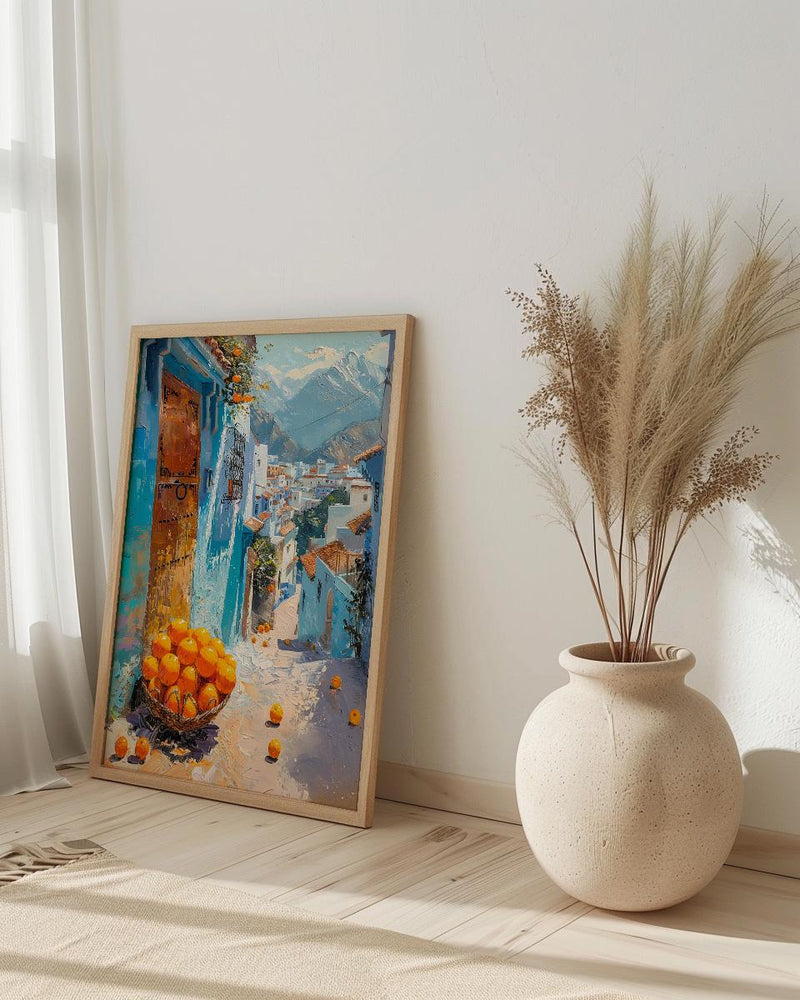 Morocco Wall Art, Chefchaouen Print, Blue City Street, Impasto Oil Painting, Orange Fruit, Boho Travel Decor