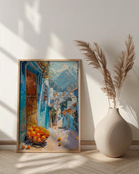 Morocco Wall Art, Chefchaouen Print, Blue City Street, Impasto Oil Painting, Orange Fruit, Boho Travel Decor