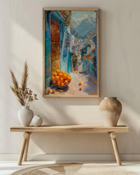 Morocco Wall Art, Chefchaouen Print, Blue City Street, Impasto Oil Painting, Orange Fruit, Boho Travel Decor
