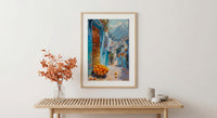 Morocco Wall Art, Chefchaouen Print, Blue City Street, Impasto Oil Painting, Orange Fruit, Boho Travel Decor