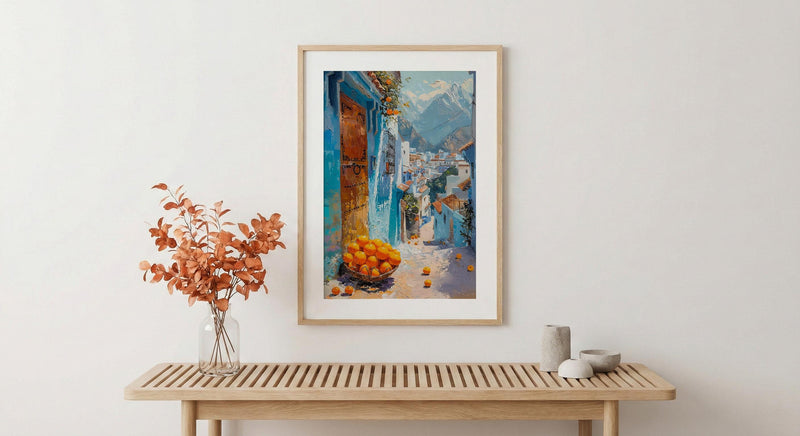 Morocco Wall Art, Chefchaouen Print, Blue City Street, Impasto Oil Painting, Orange Fruit, Boho Travel Decor