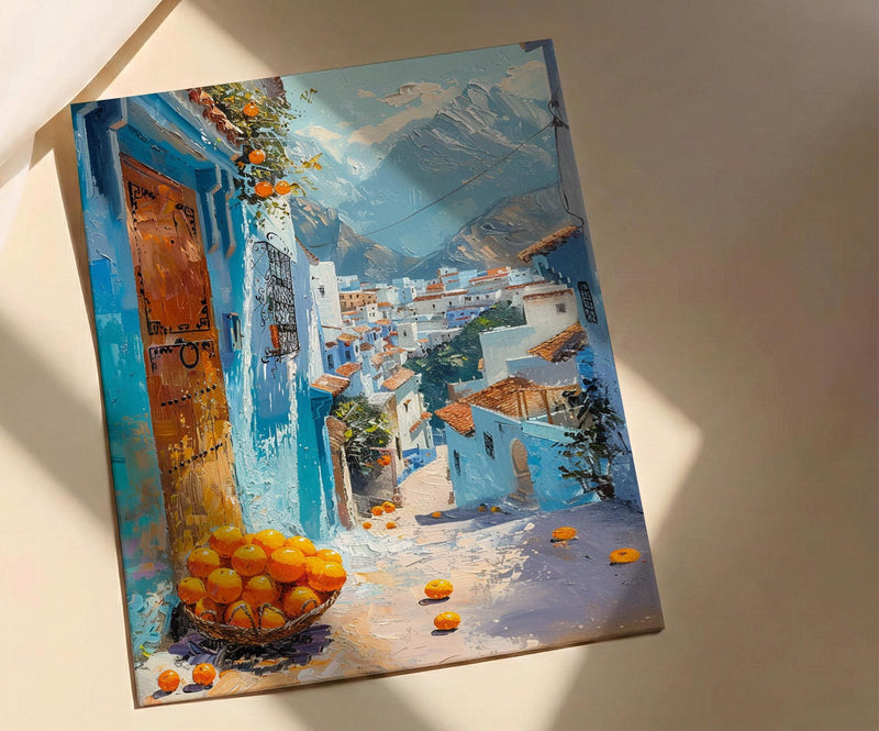 Morocco Wall Art, Chefchaouen Print, Blue City Street, Impasto Oil Painting, Orange Fruit, Boho Travel Decor