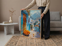 Morocco Wall Art, Chefchaouen Print, Blue City Street, Impasto Oil Painting, Orange Fruit, Boho Travel Decor