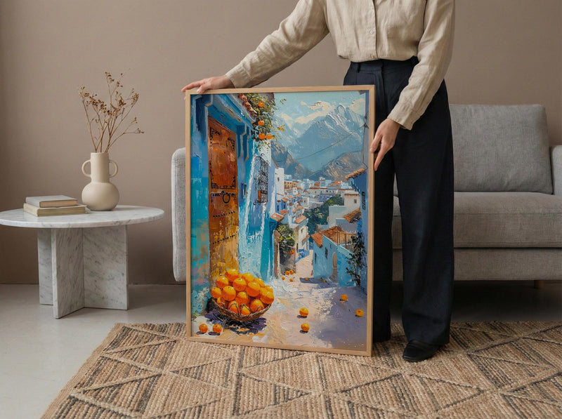 Morocco Wall Art, Chefchaouen Print, Blue City Street, Impasto Oil Painting, Orange Fruit, Boho Travel Decor