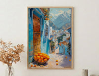 Morocco Wall Art, Chefchaouen Print, Blue City Street, Impasto Oil Painting, Orange Fruit, Boho Travel Decor