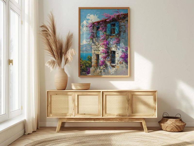 Turkey Wall Art, Alacati Print, Aegean Stone House, Impasto Oil Painting, Blue Bay Window, Bougainvillea, Summer
