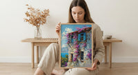Turkey Wall Art, Alacati Print, Aegean Stone House, Impasto Oil Painting, Blue Bay Window, Bougainvillea, Summer