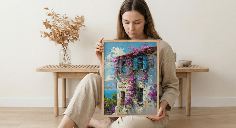 Turkey Wall Art, Alacati Print, Aegean Stone House, Impasto Oil Painting, Blue Bay Window, Bougainvillea, Summer