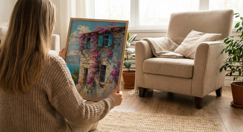 Turkey Wall Art, Alacati Print, Aegean Stone House, Impasto Oil Painting, Blue Bay Window, Bougainvillea, Summer