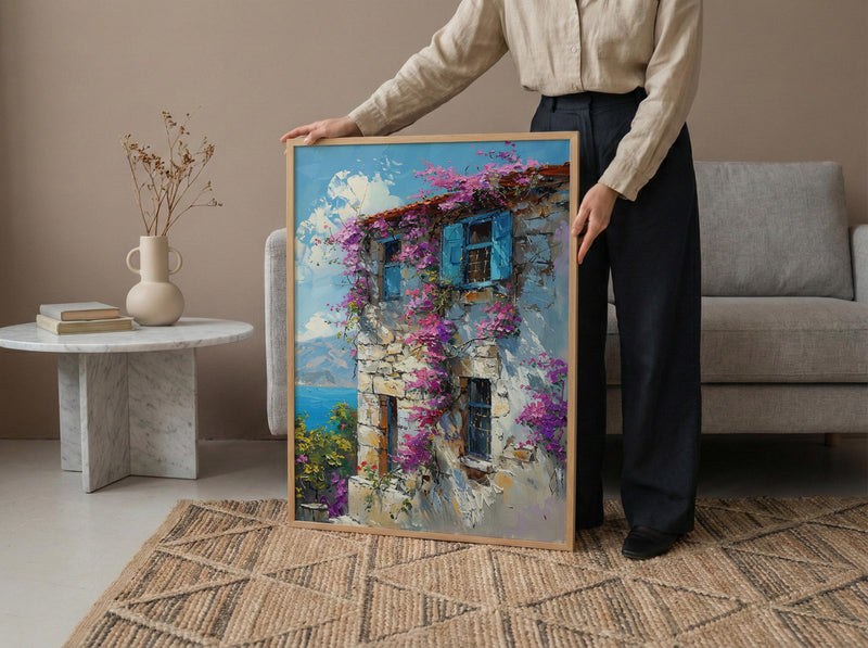 Turkey Wall Art, Alacati Print, Aegean Stone House, Impasto Oil Painting, Blue Bay Window, Bougainvillea, Summer