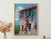 Turkey Wall Art, Alacati Print, Aegean Stone House, Impasto Oil Painting, Blue Bay Window, Bougainvillea, Summer