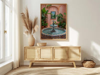 Moroccan Riad Art, Courtyard Print, Boho Patio Decor, Impasto Oil Painting, Zellige Tile, Tropical Plants, Peach