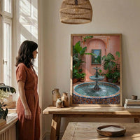 Moroccan Riad Art, Courtyard Print, Boho Patio Decor, Impasto Oil Painting, Zellige Tile, Tropical Plants, Peach
