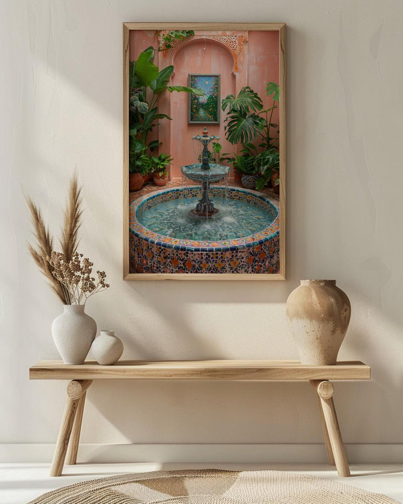 Moroccan Riad Art, Courtyard Print, Boho Patio Decor, Impasto Oil Painting, Zellige Tile, Tropical Plants, Peach