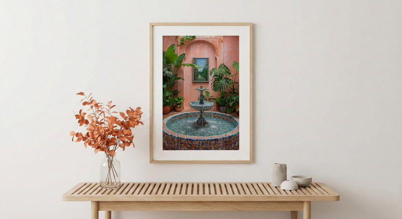 Moroccan Riad Art, Courtyard Print, Boho Patio Decor, Impasto Oil Painting, Zellige Tile, Tropical Plants, Peach