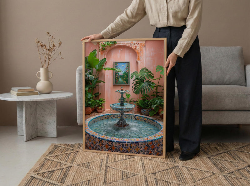 Moroccan Riad Art, Courtyard Print, Boho Patio Decor, Impasto Oil Painting, Zellige Tile, Tropical Plants, Peach