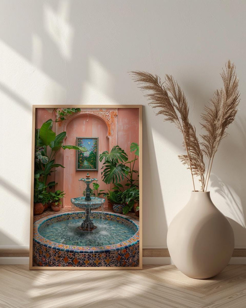 Moroccan Riad Art, Courtyard Print, Boho Patio Decor, Impasto Oil Painting, Zellige Tile, Tropical Plants, Peach