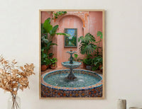 Moroccan Riad Art, Courtyard Print, Boho Patio Decor, Impasto Oil Painting, Zellige Tile, Tropical Plants, Peach