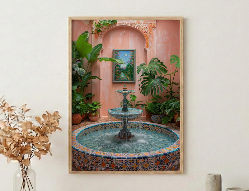 Moroccan Riad Art, Courtyard Print, Boho Patio Decor, Impasto Oil Painting, Zellige Tile, Tropical Plants, Peach